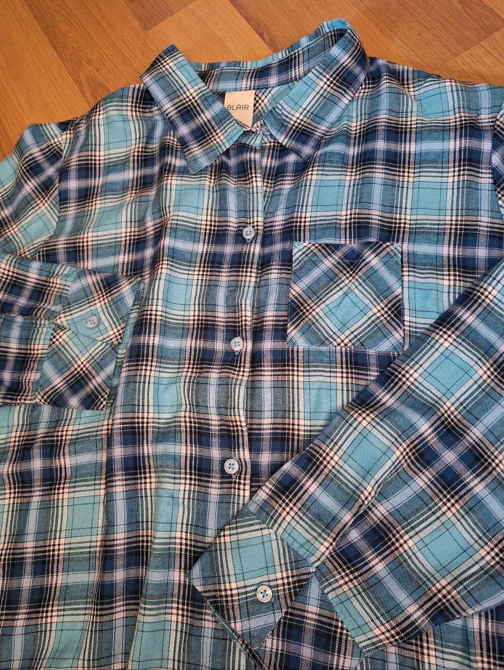 New Teal Plaid Button Down Womens Shirt
